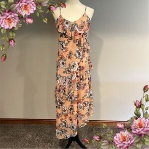 Hiatus Floral Ruffle Asymmetrical Maxi Dress Peach Colored Sundress‎